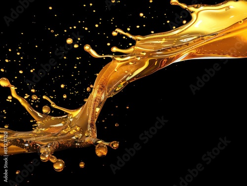 yellow orange oil liquid pouring down, splashes and oil drops around on black background
