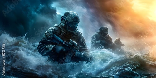 Special forces soldiers navigating through stormy waters during a mission. Concept Special Forces, Soldiers, Navigating, Stormy Waters, Mission