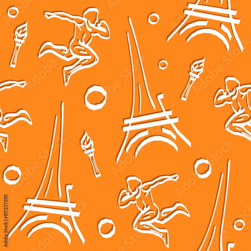 Seamless bright orange pattern with Eiffel tower, torch with flame, circles or rings and athlete. Hand drawn doodle template for wallpaper or background, textile or wrapping paper. Olympic sport