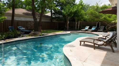 A peaceful backyard oasis with a sparkling pool and lounge chairs