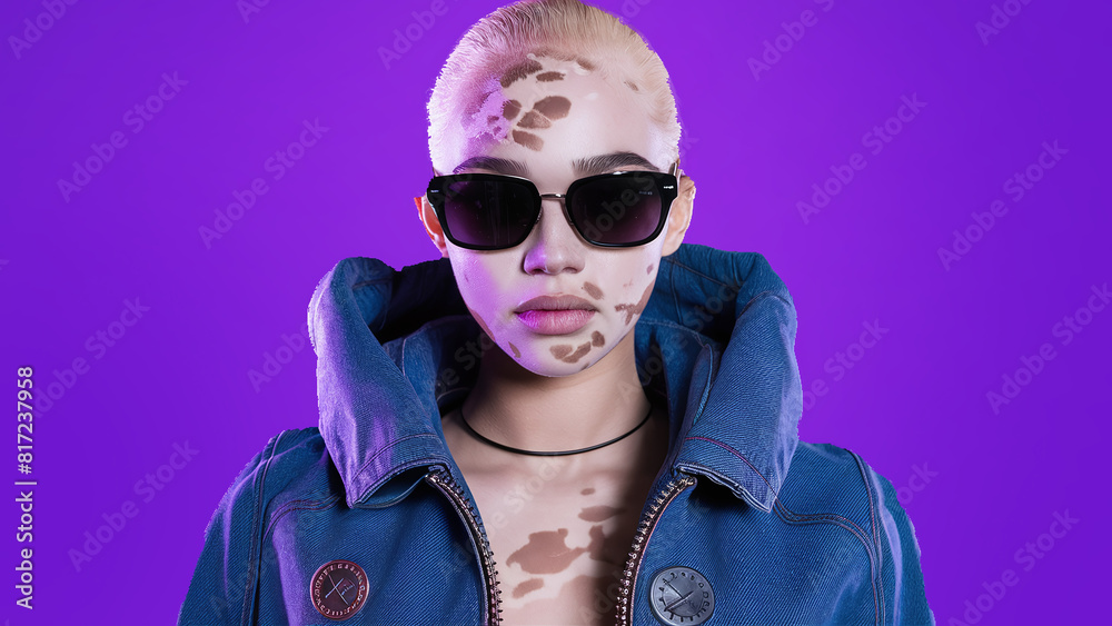 beautiful young female fashion model with vitiligo skin condition in professional photography studio, denim outfit and sunglasses, purple background, diverse model beautiful young female fashion model with vitiligo skin condition in professional photography studio, denim outfit and sunglasses, purple background, diverse model
