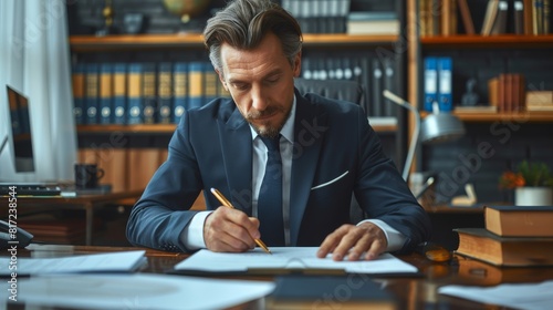 A notary depicted as a professional in a suit, signing legal documents with a confident expression. Neutral office environment with shelves of law books, a desk with a computer. Generative AI.