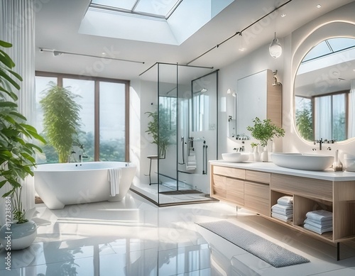 The interior of the white bathroom is decorated in a modern home style with contemporary furniture. © Muhammad Faizan