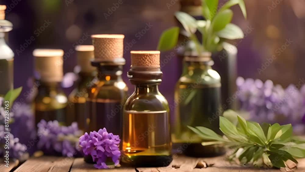 Essential Oils and Lavender Flowers on Wooden Table Generative AI Essential Oils and Lavender Flowers on Wooden Table Generative AI