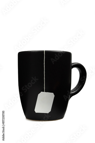 Black tea cup mug with blank white label tag isolated on white background