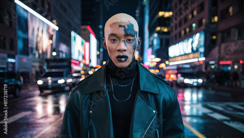 young male fashion model with vitiligo skin condition in New York at night, professional photography,black outfit and makeup, diverse model, gay, metrosexual photo