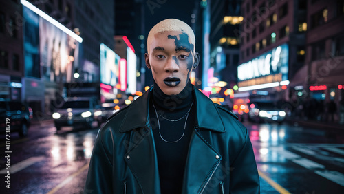 young male fashion model with vitiligo skin condition in New York at night, professional photography,black outfit and makeup, diverse model, gay, metrosexual