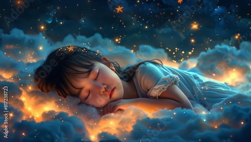 A cute little girl is sleeping on the clouds, with stars and moon in her eyes. 