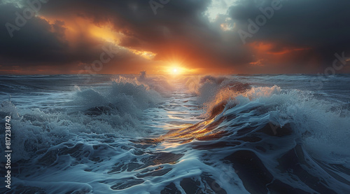 A beautiful view of shore in winter during a storm with the sun right in the middle from afar at sunset, huge waves, soothing light. Generative AI. photo