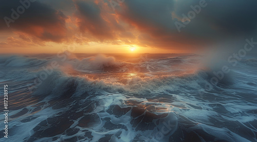 A beautiful view of shore in winter during a storm with the sun right in the middle from afar at sunset, huge waves, soothing light. Generative AI. photo