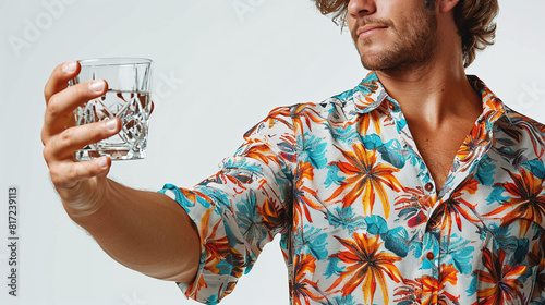 close-up of man holding a glass of water or tekila, wearing a tropical pattern shirt, vacation vibes photo