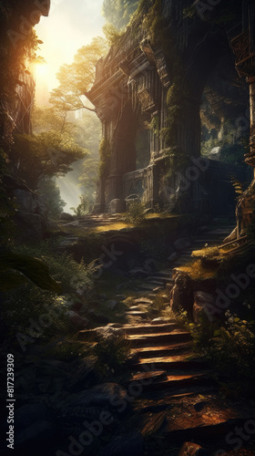 A fantasy scene featuring a dense forest filled with towering trees and ancient ruins scattered throughout the landscape