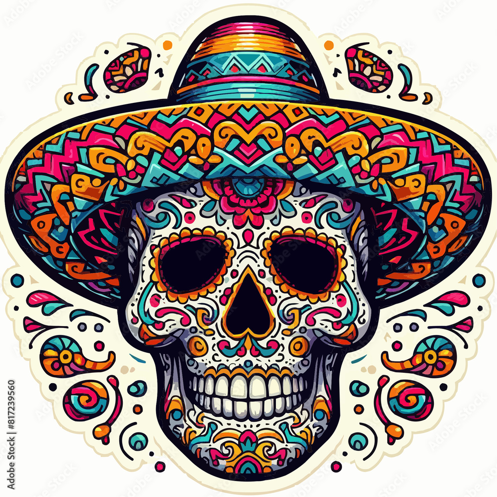 Ornate Sugar Skull with Sombrero for Day of the Dead on white background, Dopamine Colors Cinco de Mayo concept Ornate Sugar Skull with Sombrero for Day of the Dead on white background, Dopamine Colors Cinco de Mayo concept