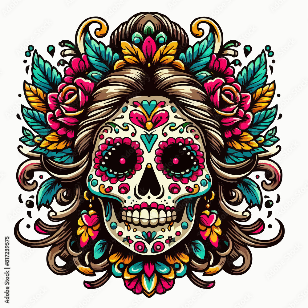 Colorful Floral Sugar Skull for Day of the Dead, on white background, Dopamine Colors Cinco de Mayo concept