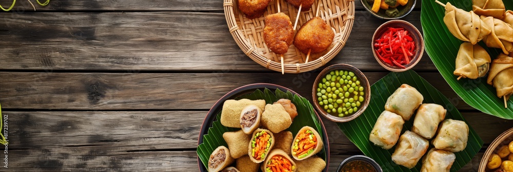 Various Asian dishes presented on a rustic wooden table creating a feast for the eyes and palate Various Asian dishes presented on a rustic wooden table creating a feast for the eyes and palate
