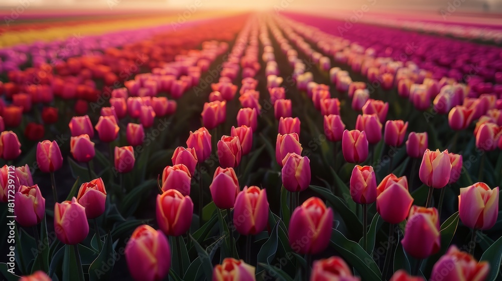 A mesmerizing aerial perspective of a vibrant tulip field in bloom stretching to the horizon. depth of field. Generative AI.