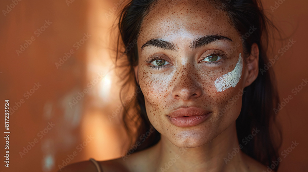 close-up portrait of sun-kissed latina woman with sunscreen on her face, summer time, sun protection, earth color palette
