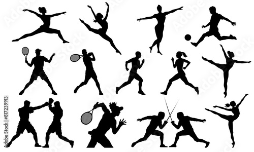 Set of 15 sport players silhouettes isolated on white background. Flat sportspeople - gymnast, athlete, runner, fencer, boxer, tennis player. Сollection of hand-drawn athletes in a variety of sports.