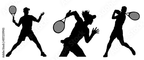 Set of detailed dynamic black silhouettes of male and female tennis players with racket in action pose isolated on white background. Sport design element with athlete people playing tennis competition