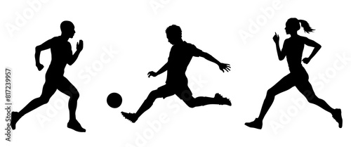 Dynamic black silhouette of athletic soccer player kicking a ball and athletic people running at a competition isolated on white background. Football player and athlete figures in motion. 