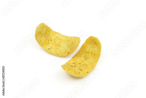Two not fried vegetarian chips pieces isolated on white background. Crispy salty snack