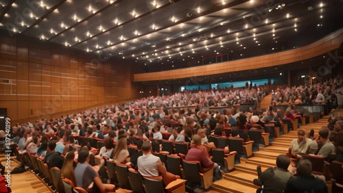 A large auditorium filled with numerous attendees listening to a presentation or event, A bustling auditorium filled with attendees photo