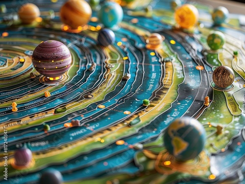 colorful and interactive solar system model designed for science education. It includes planets, moons, and stars, all labeled and arranged in a way that makes learning about space fun 