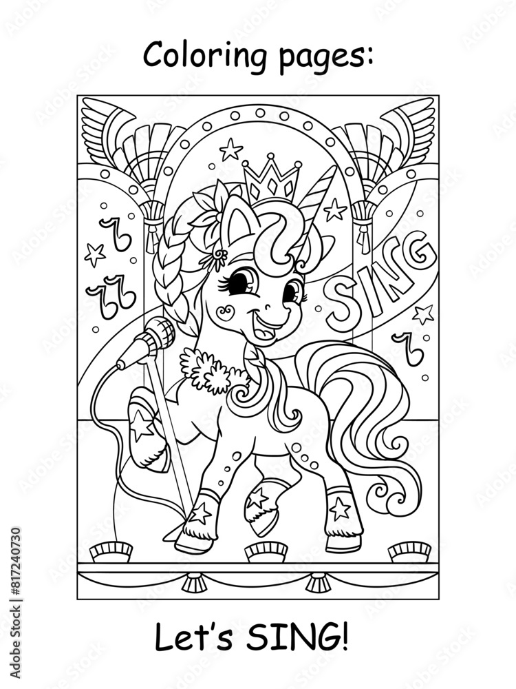 Coloring unicorn and lettering sing vector