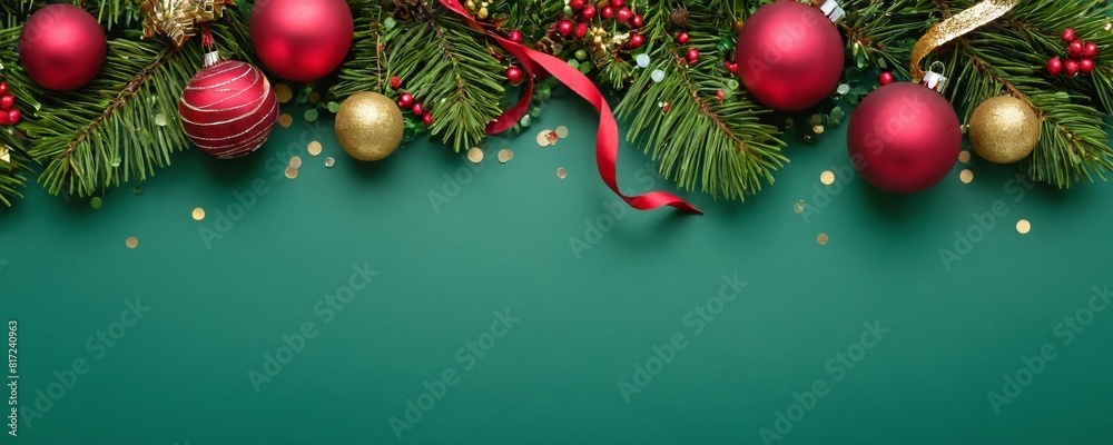 Multicoloured Christmas balls are suspended from a spruce branch, creating a festive and traditional decoration. Green background with blank space for text. Multicoloured Christmas balls are suspended from a spruce branch, creating a festive and traditional decoration. Green background with blank space for text.