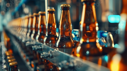 Automated bottling line filling and labeling bottles of craft beer in a brewery.