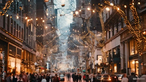A city street filled with traffic, illuminated by festive Christmas lights, A bustling city street decorated with twinkling lights and holiday cheer, perfect for a family shopping spree