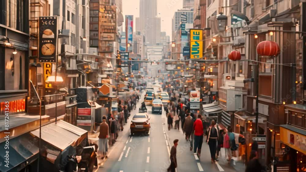 A city street bustling with activity and lined with tall buildings, A bustling city street filled with shops and restaurants
