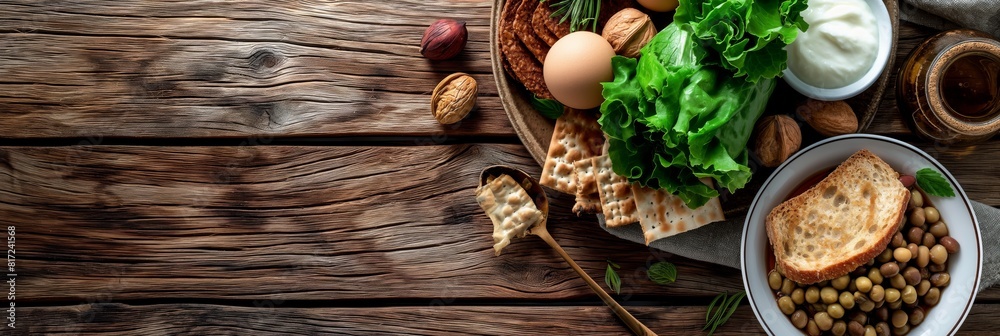 An assortment of traditional foods for the Jewish Passover Seder meal presented on wooden table An assortment of traditional foods for the Jewish Passover Seder meal presented on wooden table