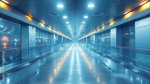 A long enclosed pedestrian walkway at night, featuring large windows on both sides. The interior brightly lit with fluorescent lights along the ceiling, casting a clear. Generative AI.
