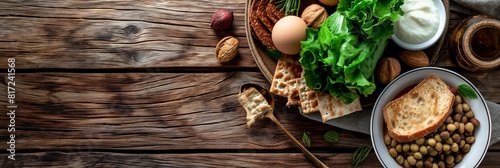 An assortment of traditional foods for the Jewish Passover Seder meal presented on wooden table