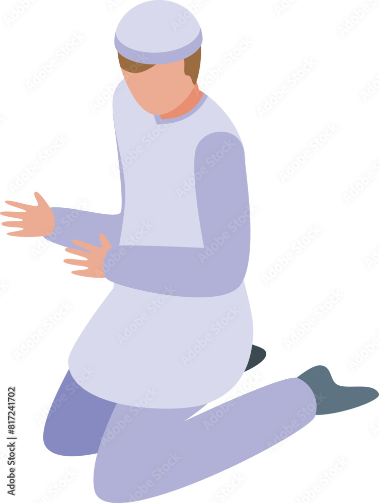 Isometric illustration of a man dressed in casual clothes kneeling on the ground with hands open Isometric illustration of a man dressed in casual clothes kneeling on the ground with hands open