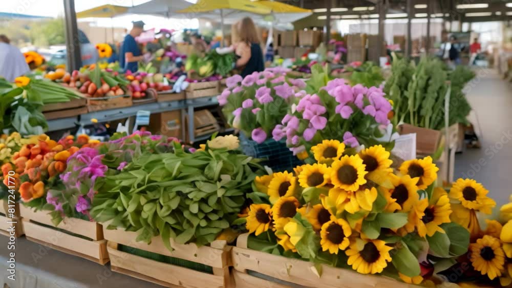 A crowded farmers market bustling with people and overflowing with a variety of fresh fruits and vegetables, A bustling farmers market filled with fresh produce and vibrant flowers A crowded farmers market bustling with people and overflowing with a variety of fresh fruits and vegetables, A bustling farmers market filled with fresh produce and vibrant flowers