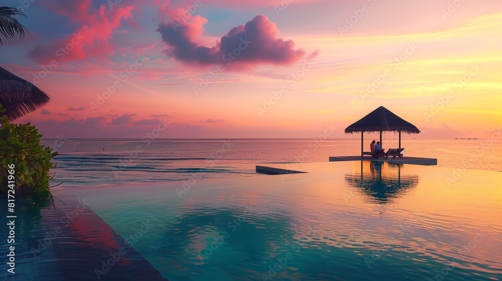 A serene moment as a couple relishes the sunset from their opulent resort. A serene moment as a couple relishes the sunset from their opulent resort.