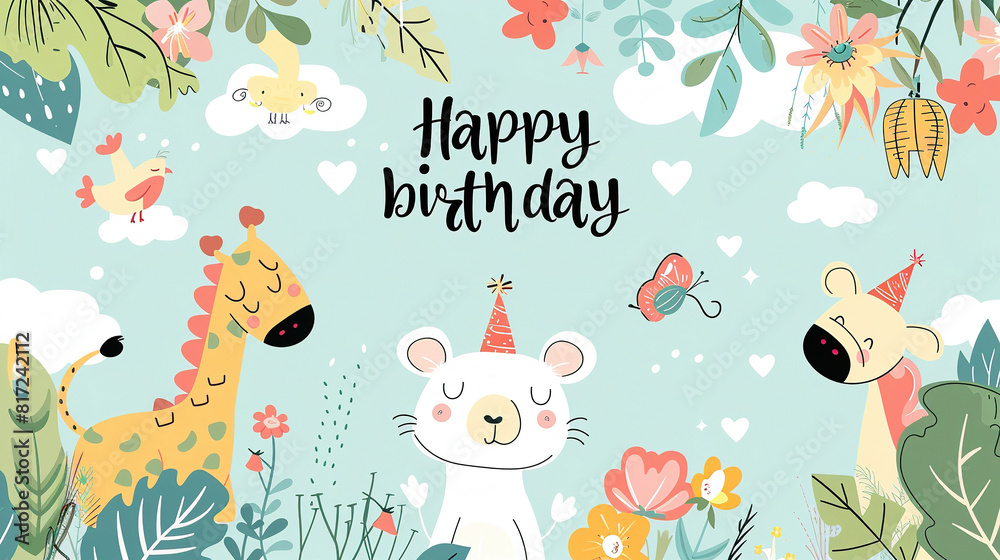 A birthday card featuring cute animals surrounded by vibrant flowers in the background
