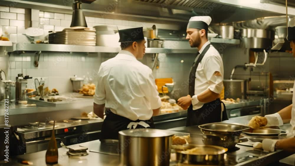 A group of men standing in a busy kitchen, engaged in food preparation activities, A bustling kitchen behind the scenes A group of men standing in a busy kitchen, engaged in food preparation activities, A bustling kitchen behind the scenes