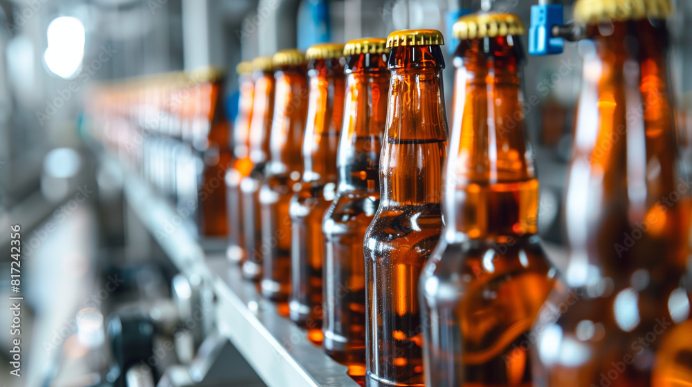 full beer bottles in a production line, oktoberfest concept, created with generative AI technology full beer bottles in a production line, oktoberfest concept, created with generative AI technology
