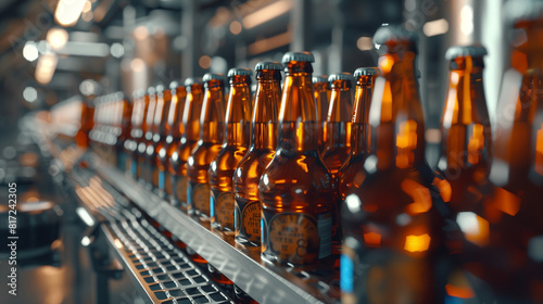 full beer bottles in a production line, oktoberfest concept, created with generative AI technology