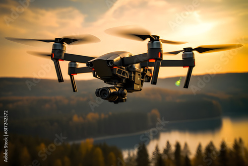 A drone flying in the sky, capturing aerial footage with a built-in camera
