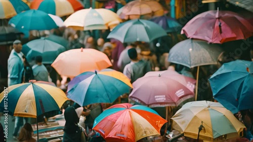 A group of diverse individuals standing together in a bustling marketplace, each holding an umbrella, A bustling marketplace with vendors selling goods under colorful umbrellas photo