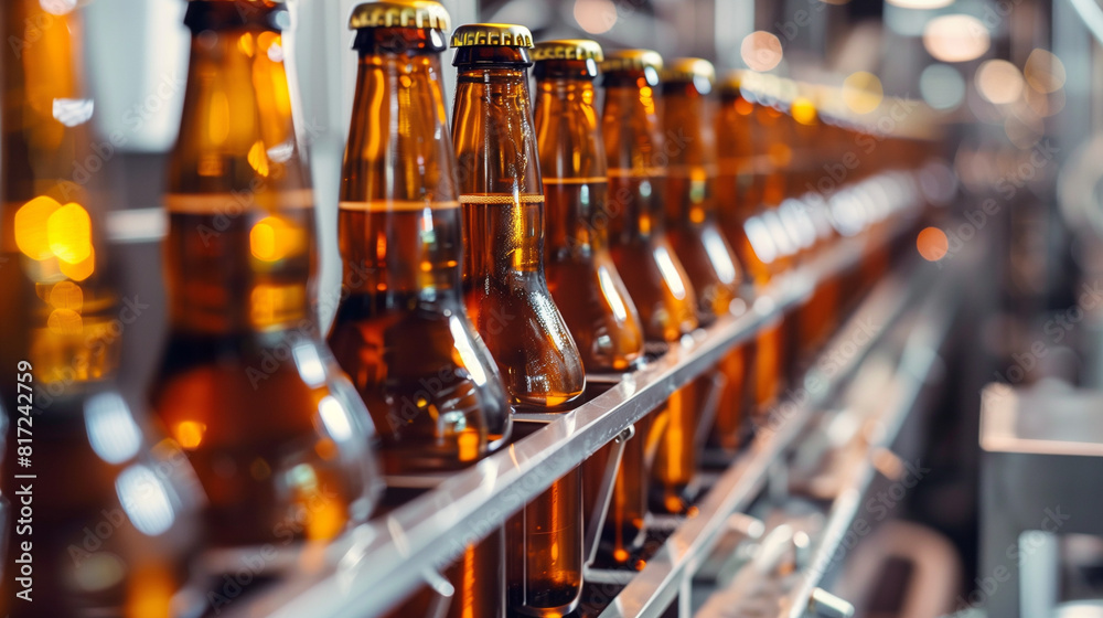 full beer bottles in a production line, oktoberfest concept, created with generative AI technology