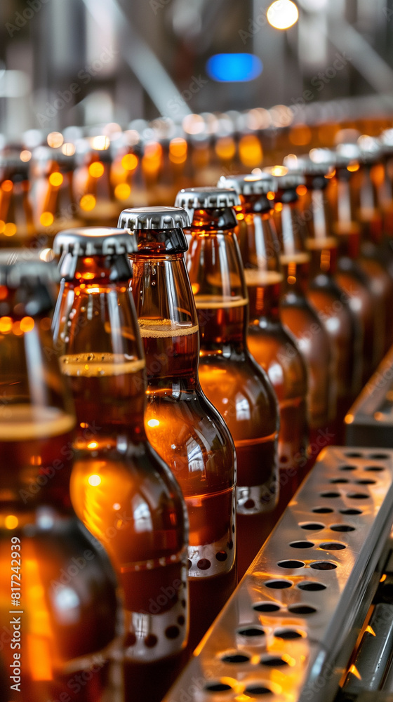full beer bottles in a production line, oktoberfest concept, created with generative AI technology full beer bottles in a production line, oktoberfest concept, created with generative AI technology