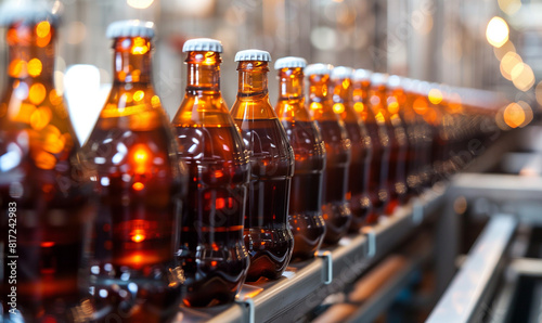 A dynamic shot from inside the factory  where bottles of cola drinks are placed on the production line.