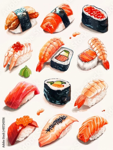presentaciÃ³n cenital de sushi, comida asiÃ¡tica aislada, sushi fondo blanco, restaurante de lujo comida japonesa photo