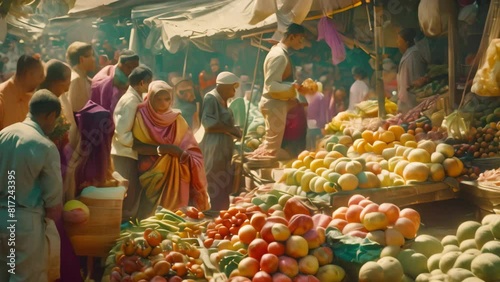 People gather around market stalls selling fruits and aabedeed, engaging in transactions and browsing, A busy market scene with vendors selling fruits and vegetables photo