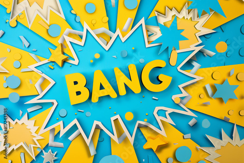 Handmade colorful paper cut background. Pop art and comic concept. Blue and yellow colors, with writing “ BANG “
